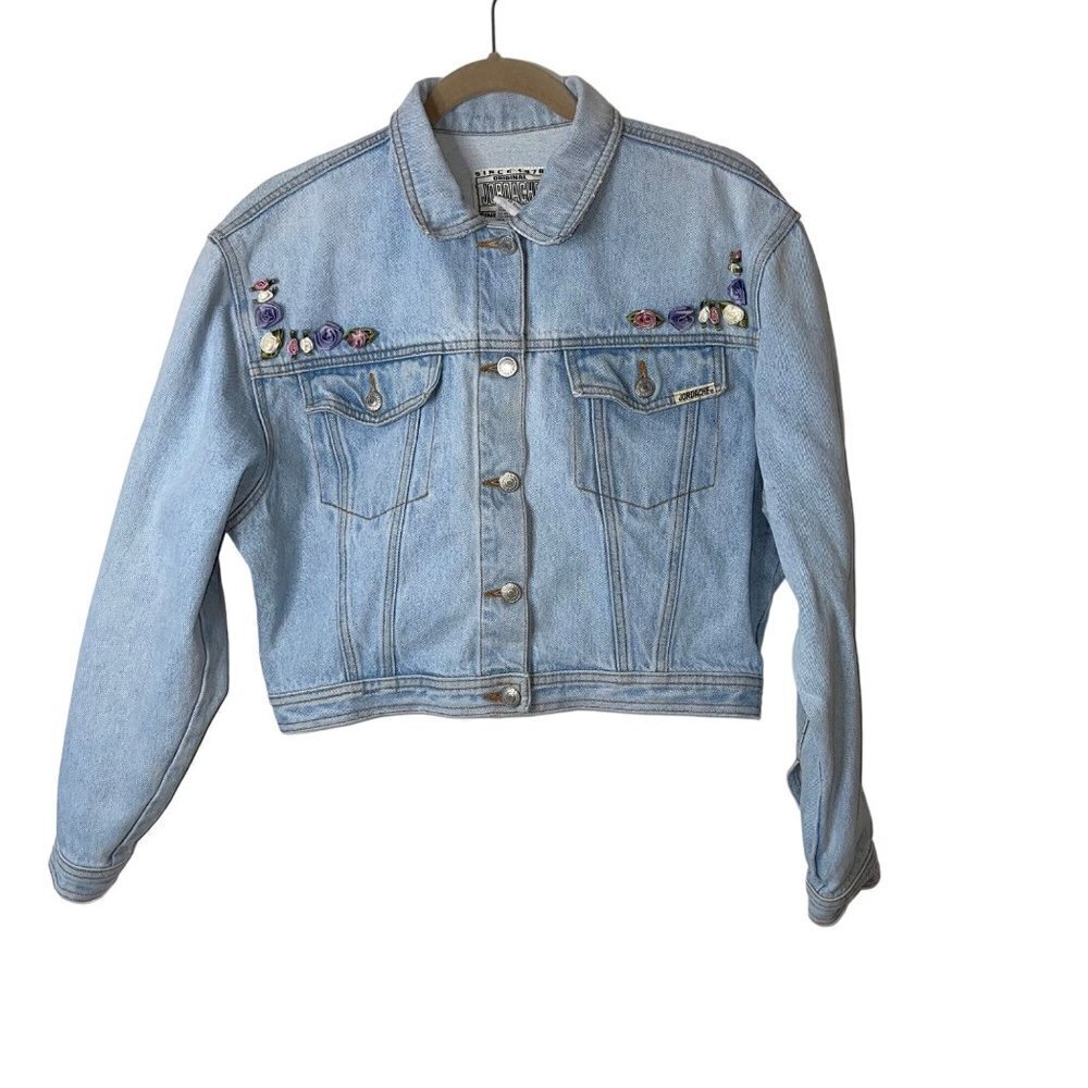 Jordache Original Jeanswear Vintage Denim Jacket Size Medium Flower Applique